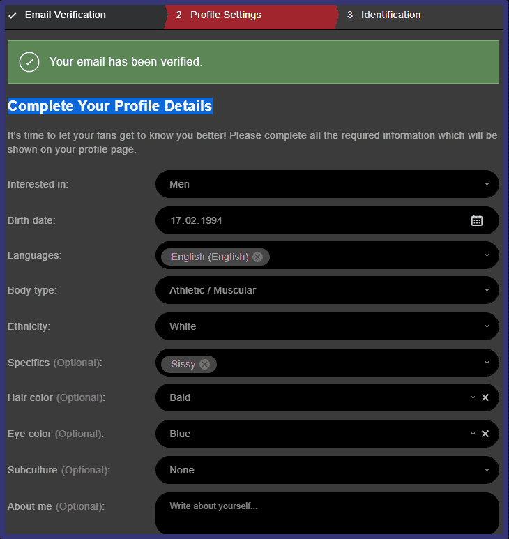 Profile settings on Stripchat